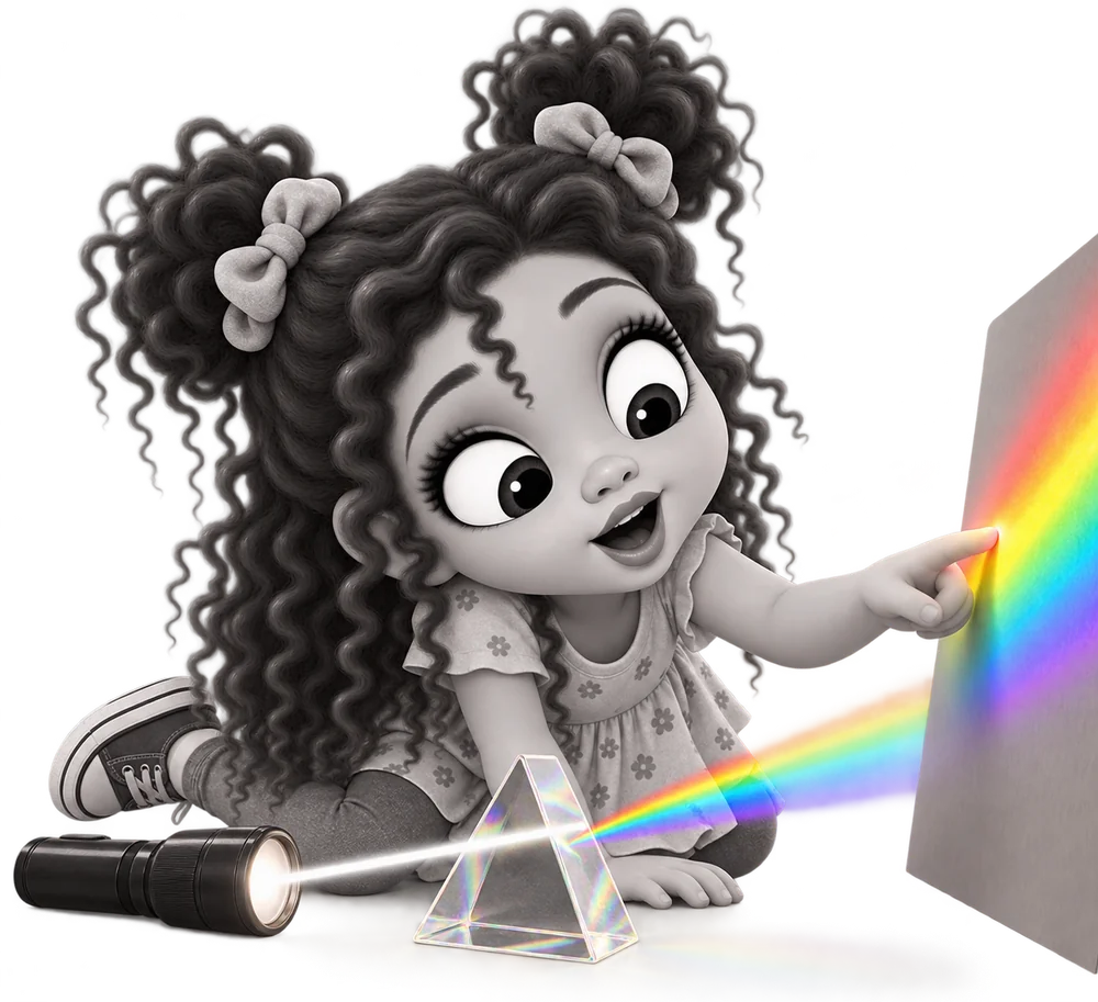La niña de Curiosidad Aplicada apunta una linterna a través de un prisma de cristal, formando un arcoíris en una pared, mientras toca la luz con el dedo.